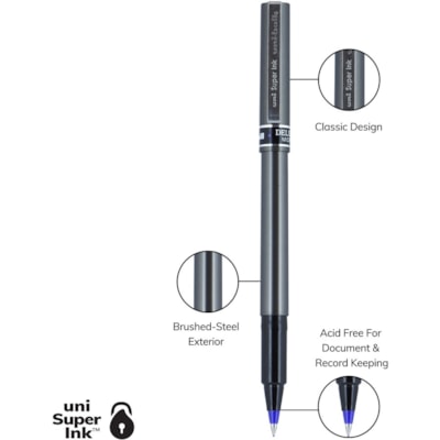 uniball(tm) Deluxe Rollerball Pens - 0.5 mm (0.02") Micro Pen Point - Blue Ink - Gray Barrel - 1 Dozen DELUXE .2MM LINE HIGH FIDELITY INK DISPOSABLE SANFORD