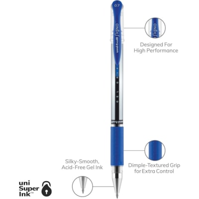 uniball(tm) Gel Grip Pens - 0.7 mm (0.03") Medium Pen Point - Blue Ink - Gel-based - 1 Dozen MED. NON-REFILLABLE SANFORD