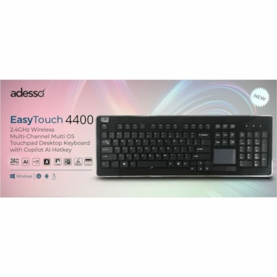 Adesso Wireless Desktop Touchpad Keyboard - Wireless Connectivity - RF - 30 ft (9144 mm) - 2.40 GHz - USB Interface - 104 Key(s) - On/Off Switch Hot Key(s) - English (US) - QWERTY Layout - Desktop Computer - TouchPad - Membrane Keyswitch - AAA Battery Size Supported - Black top Touchpad Keyboard ard (glazing black c