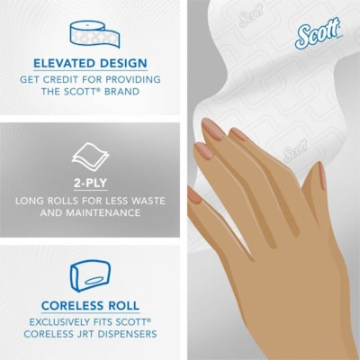 Scott Coreless High-Capacity Jumbo Roll Toilet Paper with Elevated Design - 2 Ply - 3.78" (96.01 mm) Width x 1150 ft (350.52 m) Length - White - Fiber - 12 / Carton BATH TISSUE ROLL 3-7/10"X1150' WHITE CASE OF 12 ROLLS
