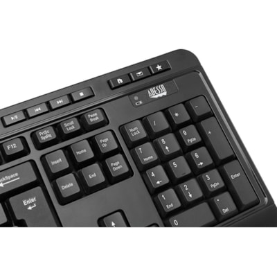 Adesso WKB-1320CB Antimicrobial Wireless Desktop Keyboard and Mouse - USB Membrane Wireless RF 2.40 GHz Keyboard - 104 Key - English (US) - Black - USB Wireless RF Mouse - Optical - 1200 dpi - Scroll Wheel - Black - Media Player, Volume Down, Volume Up, Mute, Play/Pause, Previous Track, Next Track,  p keyboard & mouse combo 