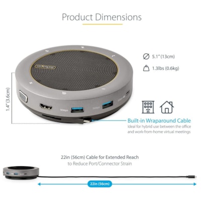 StarTech.com USB-C Speakerphone Docking Station, Mini Portable Conference Speaker/Audio Dock, VGA/4K HDMI, USB Hub, Teams/Zoom/Softphone - USB-C speakerphone mini dock; HDMI 4K 60Hz/1080p VGA video - 2x USB-A 3.2/3.1 5Gbps Hub - USB Type-C power/5Gbps data port/100W PD Pass-Through - 22in (56cm) wra  PERP 