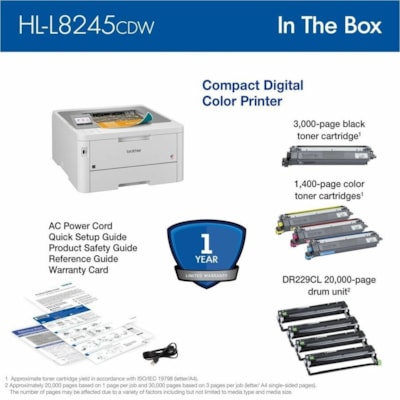 Brother HL-L8245CDW Desktop Wireless Laser Printer - Color - 31 ppm Mono / 31 ppm Color - 2400 x 600 dpi class - Automatic Duplex Print - 250 Sheets Input - Ethernet - Wireless LAN - Wi-Fi Direct, Apple AirPrint, Mopria, Brother Mobile Connect - 50000 Pages Duty Cycle - Plain Paper Print - Gigabit E  PRNT 