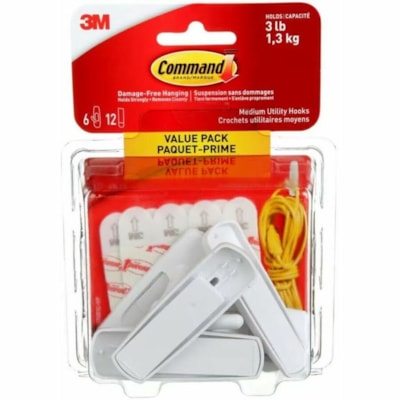 Command Hook - 6 Hooks - 6 Medium Hook - 3 lb (1360.78 g) Capacity - for Dorm, Glass, Home, Office, Paint, Smooth Surface, Tile, Tool, Wood - Plastic - White - 6 Pack  