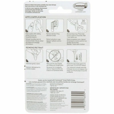Command Hook - 6 Hooks - 8 oz (226.80 g) Capacity - for Apartment, Dorm, Glass, Home, Office, Paint, Tile, Tool, Wall, Wood - Plastic - White 6HOOKS 8STRIPS PER PACK HOLDS UP TO .5LBS
