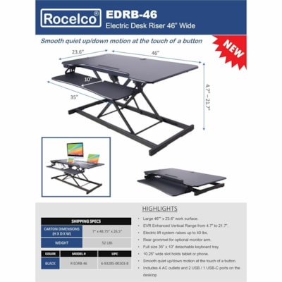 Rocelco - Rehausseur de bureau électrique - Rehausseur de bureau électrique " Wide with AC-USB 