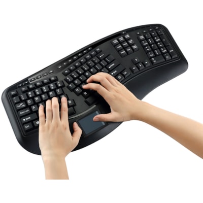 Adesso 2.4GHz Wireless Ergonomic Touchpad Keyboard - Wireless Connectivity - RF - 30 ft (9144 mm) - 2.40 GHz - USB Interface - 105 Key(s) - 20 Hot Key(s) - Previous Track, Next Track, Play/Pause, Volume Up, Volume Down, Mute, Forward, Search, Wake-up, My Computer, Sleep, ... Hot Key(s) - Windows 10, m Media 3D  Ergonomic  Touchpa d Keyboard  with  sp
