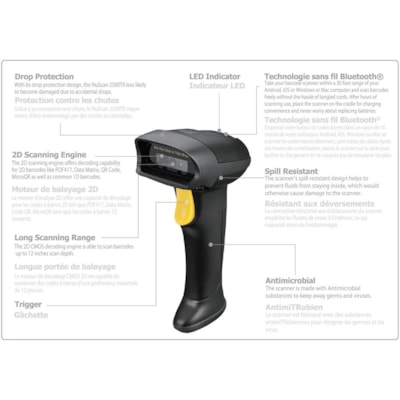 Adesso NUSCAN 2500TB Bluetooth Spill Resistant Antimicrobial 2D Barcode Scanner - Wireless Connectivity - 12" (304.80 mm) Scan Distance - 1D, 2D - CMOS - Bluetooth - USB - Black - USB - Logistics, Warehouse, Library, Healthcare, Retail ld 2D Barcode Scanner 