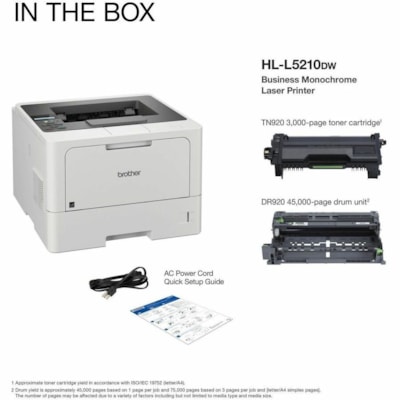 Brother HL-L5210DW Desktop Wireless Laser Printer - Monochrome - 48 ppm Mono - 1200 x 1200 dpi Print - Automatic Duplex Print - 250 Sheets Input - Ethernet - Wireless LAN - Brother iPrint&Scan, Wi-Fi Direct, Mopria, Brother Print Service Plugin, Apple AirPrint, Brother Mobile Connect - 90000 Pages D ER BUSINESS 