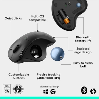 Logitech ERGO M575S Mouse - Optical - Wireless - 32.81 ft (10000 mm) - Bluetooth - 2.40 GHz - Black, Blue - 2000 dpi - Trackball, Scroll Wheel - 5 Button(s) - 1 x AA Battery Supported  