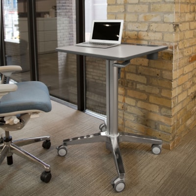 Ergotron LearnFit Sit-Stand Desk, Short - Laminated Rectangle Top - Melamine Laminate X-shaped Base - 4 Legs - 15 lb (6.80 kg) Capacity - Height Adjustable - 29" (736.60 mm) to 44" (1117.60 mm) Adjustment - 24" (609.60 mm) Table Top Width x 22" (558.80 mm) Table Top Depth - 45" (1143 mm) Height - St  ADJUSTABLE STANDING DESK  CLE AR ANODIZED