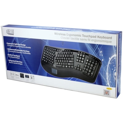 Adesso 2.4GHz Wireless Ergonomic Touchpad Keyboard - Wireless Connectivity - RF - 30 ft (9144 mm) - 2.40 GHz - USB Interface - 105 Key(s) - 20 Hot Key(s) - Previous Track, Next Track, Play/Pause, Volume Up, Volume Down, Mute, Forward, Search, Wake-up, My Computer, Sleep, ... Hot Key(s) - Windows 10, m Media 3D  Ergonomic  Touchpa d Keyboard  with  sp