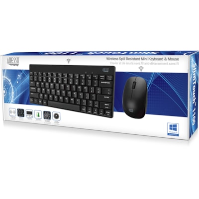 Adesso WKB-1100CB - Wireless Spill Resistant Mini Keyboard & Mouse Combo - USB Membrane Wireless RF Keyboard - 79 Key - English (US) - Black - USB Wireless RF Mouse - Optical - 1200 dpi - Scroll Wheel - QWERTY - Black - Multimedia Hot Key(s) - Right-handed - AA - Compatible with Windows & mouse combo 