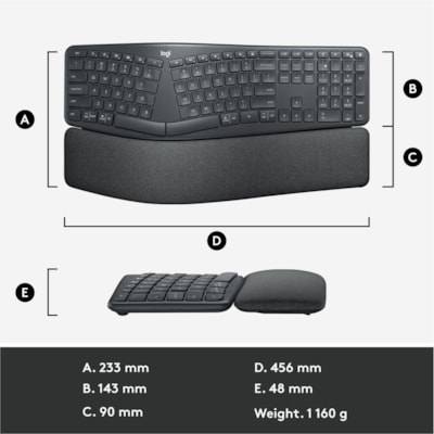 Logitech ERGO K860 Split Ergonomic Keyboard - Wireless Connectivity - Bluetooth/RF - 32.81 ft (10000 mm) - 2.40 GHz - USB Interface - Windows, Mac OS - AAA Battery Size Supported - Black ERGO WIRELESS KEYBOARD BLACK 