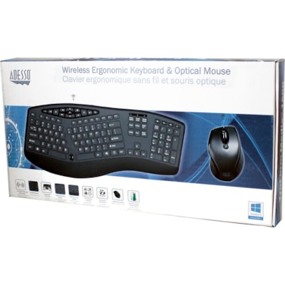 Adesso TruForm 1600 Wireless Ergonomic Keyboard and Optical Mouse - USB Membrane Wireless RF 2.40 GHz Keyboard - 104 Key - English (US) - Black - USB Wireless RF Mouse - Optical - 1600 dpi - Scroll Wheel - Black - Home, Back, Forward, Search, Email, Sleep, Wake-up, Power, Media Player, Calculator, P Wireless Ergonomic Desktop Key board  with low prof