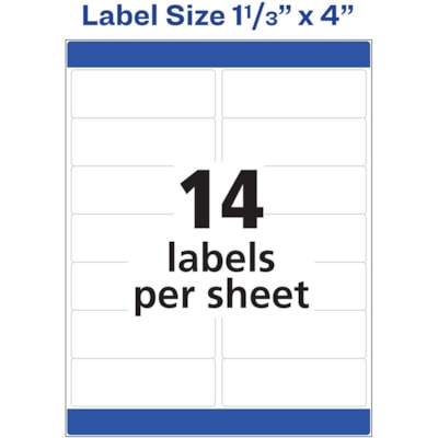 Avery® - Étiquettes rectangulaires blanches avec technologie Sure Feed - largeur de 1 21/64 po (33,78 mm) x longueur de 4 po (101,60 mm) - Permanent Adhésif - Rectangulaires - Laser - Blanc - Papier - 14 / Feuille - 25 Total de feuilles - 350 Total d'étiquette(s) - 350 / emballage PERM. BORD-éCLAIRMC BLANCHES 4"X1-1/3"  350 éTQ./PQT LASER