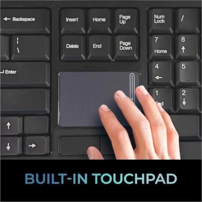 Adesso Wireless Desktop Touchpad Keyboard - Wireless Connectivity - RF - 30 ft (9144 mm) - 2.40 GHz - USB Interface - 104 Key(s) - On/Off Switch Hot Key(s) - English (US) - QWERTY Layout - Desktop Computer - TouchPad - Membrane Keyswitch - AAA Battery Size Supported - Black top Touchpad Keyboard ard (glazing black c