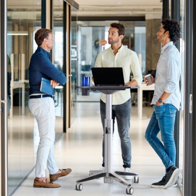 Ergotron LearnFit Sit-Stand Desk, Short - Laminated Rectangle Top - Melamine Laminate X-shaped Base - 4 Legs - 15 lb (6.80 kg) Capacity - Height Adjustable - 29" (736.60 mm) to 44" (1117.60 mm) Adjustment - 24" (609.60 mm) Table Top Width x 22" (558.80 mm) Table Top Depth - 45" (1143 mm) Height - St  ADJUSTABLE STANDING DESK  CLE AR ANODIZED