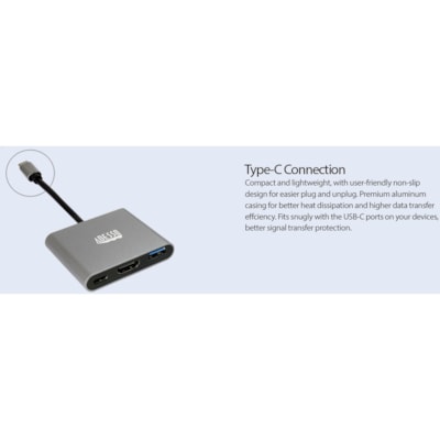 Adesso 3-IN-1 USB-C Multi-Port Docking Station (TAA Compliant) - for Notebook, Monitor, Projector, Smartphone, Tablet, TV - Charging Capability - USB Type C - 4K @30Hz - 3840 x 2160 - 2 x USB Ports - 1 x USB 3.0 - 1 x USB Type-A Ports - USB Type-A - 1 x USB Type-C Ports - USB Type-C - HDMI - Wired - Docking Station with 1xTypeC p ort  1x USB 3.0-A+PD