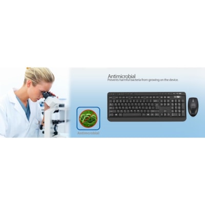 Adesso WKB-1320CB Antimicrobial Wireless Desktop Keyboard and Mouse - USB Membrane Wireless RF 2.40 GHz Keyboard - 104 Key - English (US) - Black - USB Wireless RF Mouse - Optical - 1200 dpi - Scroll Wheel - Black - Media Player, Volume Down, Volume Up, Mute, Play/Pause, Previous Track, Next Track,  p keyboard & mouse combo 