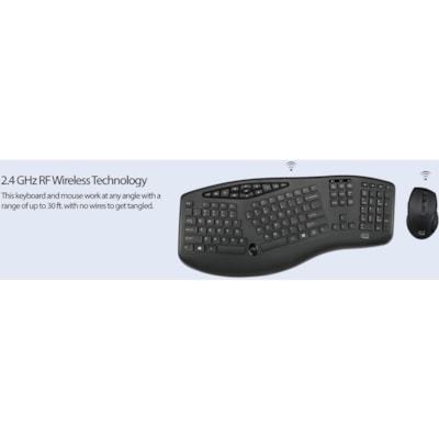 Adesso TruForm 1600 Wireless Ergonomic Keyboard and Optical Mouse - USB Membrane Wireless RF 2.40 GHz Keyboard - 104 Key - English (US) - Black - USB Wireless RF Mouse - Optical - 1600 dpi - Scroll Wheel - Black - Home, Back, Forward, Search, Email, Sleep, Wake-up, Power, Media Player, Calculator, P Wireless Ergonomic Desktop Key board  with low prof