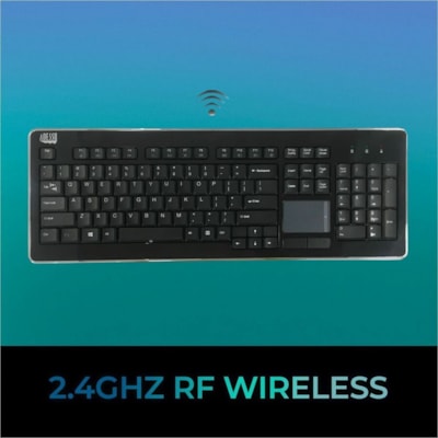 Adesso Wireless Desktop Touchpad Keyboard - Wireless Connectivity - RF - 30 ft (9144 mm) - 2.40 GHz - USB Interface - 104 Key(s) - On/Off Switch Hot Key(s) - English (US) - QWERTY Layout - Desktop Computer - TouchPad - Membrane Keyswitch - AAA Battery Size Supported - Black top Touchpad Keyboard ard (glazing black c