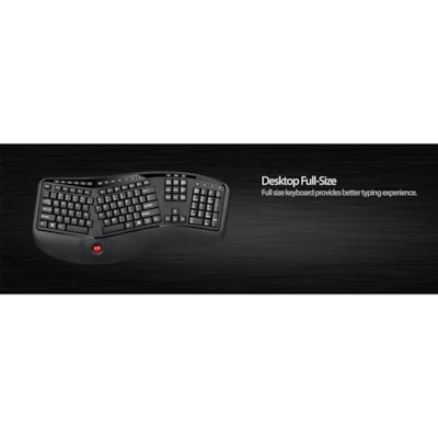 Adesso 2.4 GHz Wireless Ergonomic Trackball Keyboard - Wireless Connectivity - RF - 30 ft (9144 mm) - 2.40 GHz - USB Interface - 105 Key(s) - Next Track, Previous Track, Refresh, Search, Forward, Wake-up, Play/Pause, Volume Up, My Computer, Mute, Sleep, ... Hot Key(s) - English (US) - QWERTY Layout  s Media Ergonomic Trackball ke yboard with 20 windo
