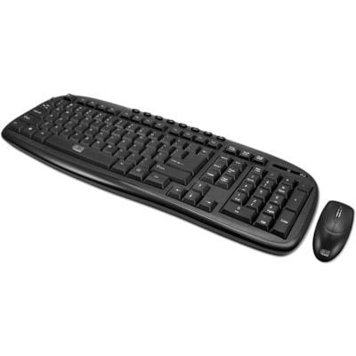 Adesso WKB-1330CB 2.4 GHz Wireless Desktop Keyboard and Mouse Combo - USB Membrane Wireless RF 2.40 GHz Keyboard - 103 Key - English (US) - Black - USB Wireless RF Mouse - Optical - 1200 dpi - Scroll Wheel - QWERTY - Black - Internet Key, Play/Pause, Previous Track, Next Track, Volume Down, Volume U ize with full desktop function ality.  Multimedia a
