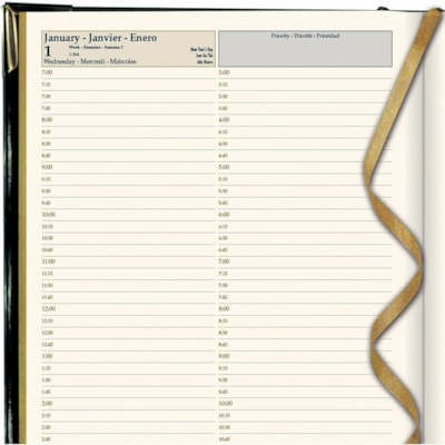 Brownline Executive Daily Planner, 10-7/8" x 7-5/8" , Trilingual, Assorted - Julian Dates - Daily - January 2025 to December 2025 - 7:00 AM to 10:45 PM - Quarter-hourly - 1 Day Single Page Layout - 7 5/8" (193.68 mm) x 10 7/8" (276.23 mm) Sheet Size - Sewn - Assorted - Leather - Hard Cover, Ribbon M  