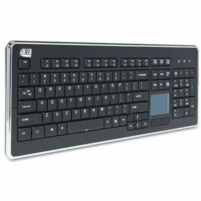 Adesso Wireless Desktop Touchpad Keyboard - Wireless Connectivity - RF - 30 ft (9144 mm) - 2.40 GHz - USB Interface - 104 Key(s) - On/Off Switch Hot Key(s) - English (US) - QWERTY Layout - Desktop Computer - TouchPad - Membrane Keyswitch - AAA Battery Size Supported - Black top Touchpad Keyboard ard (glazing black c