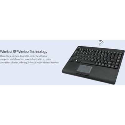 Adesso Wireless Mini Touchpad Keyboard - Wireless Connectivity - RF - 30 ft (9144 mm) - 2.40 GHz - USB Interface - 87 Key(s) - Power Switch, Connect, Right Mouse, Left Mouse, Windows Key Hot Key(s) - English (US) - Computer - TouchPad - Windows - Membrane Keyswitch - AAA Battery Size Supported - Bla  
