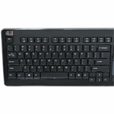 Adesso Wireless Desktop Touchpad Keyboard - Wireless Connectivity - RF - 30 ft (9144 mm) - 2.40 GHz - USB Interface - 104 Key(s) - On/Off Switch Hot Key(s) - English (US) - QWERTY Layout - Desktop Computer - TouchPad - Membrane Keyswitch - AAA Battery Size Supported - Black top Touchpad Keyboard ard (glazing black c