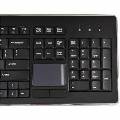 Adesso Wireless Desktop Touchpad Keyboard - Wireless Connectivity - RF - 30 ft (9144 mm) - 2.40 GHz - USB Interface - 104 Key(s) - On/Off Switch Hot Key(s) - English (US) - QWERTY Layout - Desktop Computer - TouchPad - Membrane Keyswitch - AAA Battery Size Supported - Black top Touchpad Keyboard ard (glazing black c