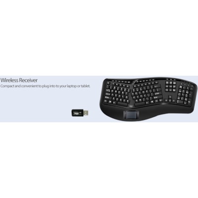 Adesso 2.4GHz Wireless Ergonomic Touchpad Keyboard - Wireless Connectivity - RF - 30 ft (9144 mm) - 2.40 GHz - USB Interface - 105 Key(s) - 20 Hot Key(s) - Previous Track, Next Track, Play/Pause, Volume Up, Volume Down, Mute, Forward, Search, Wake-up, My Computer, Sleep, ... Hot Key(s) - Windows 10, m Media 3D  Ergonomic  Touchpa d Keyboard  with  sp