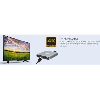 Adesso 3-IN-1 USB-C Multi-Port Docking Station (TAA Compliant) - for Notebook, Monitor, Projector, Smartphone, Tablet, TV - Charging Capability - USB Type C - 4K @30Hz - 3840 x 2160 - 2 x USB Ports - 1 x USB 3.0 - 1 x USB Type-A Ports - USB Type-A - 1 x USB Type-C Ports - USB Type-C - HDMI - Wired - Docking Station with 1xTypeC p ort  1x USB 3.0-A+PD