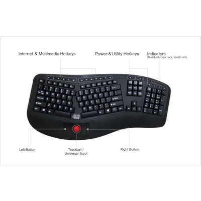 Adesso 2.4 GHz Wireless Ergonomic Trackball Keyboard - Wireless Connectivity - RF - 30 ft (9144 mm) - 2.40 GHz - USB Interface - 105 Key(s) - Next Track, Previous Track, Refresh, Search, Forward, Wake-up, Play/Pause, Volume Up, My Computer, Mute, Sleep, ... Hot Key(s) - English (US) - QWERTY Layout  s Media Ergonomic Trackball ke yboard with 20 windo