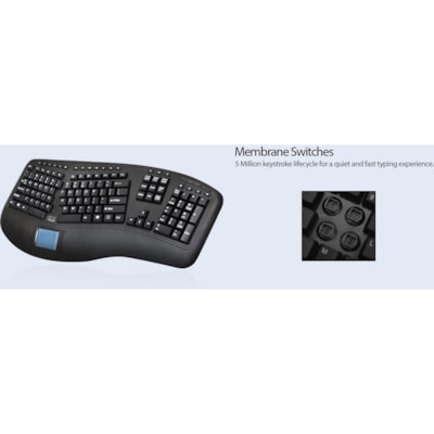 Adesso 2.4GHz Wireless Ergonomic Touchpad Keyboard - Wireless Connectivity - RF - 30 ft (9144 mm) - 2.40 GHz - USB Interface - 105 Key(s) - 20 Hot Key(s) - Previous Track, Next Track, Play/Pause, Volume Up, Volume Down, Mute, Forward, Search, Wake-up, My Computer, Sleep, ... Hot Key(s) - Windows 10, m Media 3D  Ergonomic  Touchpa d Keyboard  with  sp