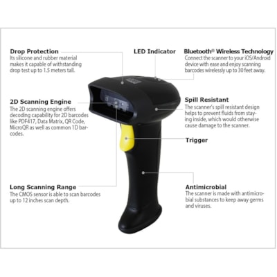 Adesso NUSCAN 2500TB Bluetooth Spill Resistant Antimicrobial 2D Barcode Scanner - Wireless Connectivity - 12" (304.80 mm) Scan Distance - 1D, 2D - CMOS - Bluetooth - USB - Black - USB - Logistics, Warehouse, Library, Healthcare, Retail ld 2D Barcode Scanner 