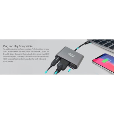Adesso 3-IN-1 USB-C Multi-Port Docking Station (TAA Compliant) - for Notebook, Monitor, Projector, Smartphone, Tablet, TV - Charging Capability - USB Type C - 4K @30Hz - 3840 x 2160 - 2 x USB Ports - 1 x USB 3.0 - 1 x USB Type-A Ports - USB Type-A - 1 x USB Type-C Ports - USB Type-C - HDMI - Wired - Docking Station with 1xTypeC p ort  1x USB 3.0-A+PD