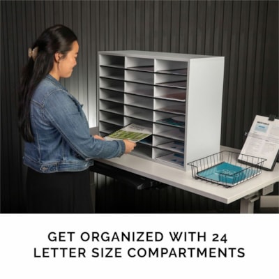 Fellowes 24-Compartment Sorter Literature Organizer - 24 Compartment(s) - Compartment Size : 2.50" (63.50 mm) x 9" (228.60 mm) x 11.63" (295.27 mm) - 23.4" (595.38 mm) Height x 29" (736.60 mm) Width x 11.9" (301.75 mm) Depth - Corrugated - Melamine - Dove Gray - Fiberboard, Wood - 1 Each DOVE GREY 29WX11-7/8DX23-7/16H SELF ADHESIVE LABELS INCLUDED