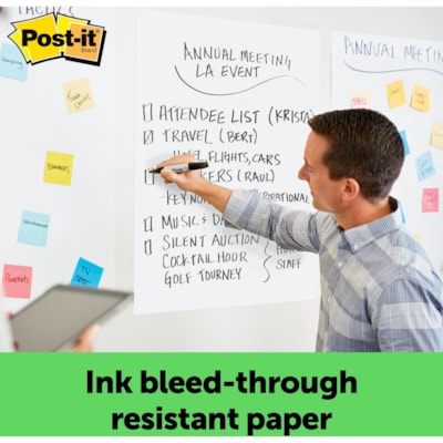 Post-it® Easel Pad with Recycled Paper - 30 Sheets - Plain - Stapled - 18.50 lb (8391.46 g) Basis Weight - 25" (635 mm) x 30" (762 mm) Sheet Size - 30.50" (774.70 mm) Height x 25" (635 mm) Width - White Paper - BlackCardboard Cover - Self-adhesive, Bleed-free, Repositionable, Resist Bleed-throug 25"X30" 30%PCW 30 SHEETS/PAD 2 PADS/PKG SELF-STICK