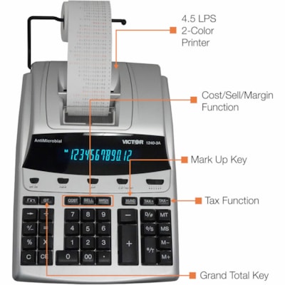 Victor 12403A Professional Calculator - Dual Color Print - Dot Matrix - 4.3 lps - Big Display, Independent Memory - 12 Digits - Fluorescent - AC Supply/Power Adapter Powered - 3.3" (82.55 mm) Height x 9" (228.60 mm) Width x 12.8" (323.85 mm) Length - White - 1 Each ANTIMICROBIAL KEYS/UPPER SHELL 