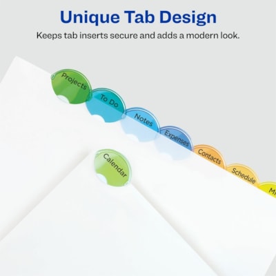 Avery - Diviseurs en plastique Edge insérables, 8 onglets, 1 jeu - 8 x Intercalaire(s) - 8 - 8 Onglet(s)/Ensemble - largeur de l'intercalaire 8,50 po (215,90 mm) x longueur de l'intercalaire 11 po (279,40 mm) - 3 TrouPerforé - Divider Translucide Plastique - Tab(s) Multicouleur Plastiq PLASTIQUE DURABLE  8 ONGLET SANS PVC  MULTICOULEUR