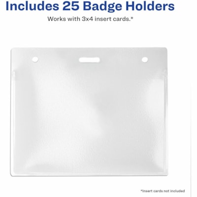 Avery® Horizontal Name Badge Holders, 3" x 4" - Support 3" (76.20 mm) x 4" (101.60 mm) Media - Landscape - Polyvinyl Chloride (PVC) - Clear - Reusable, Durable, Top Loading, Secure, Clip-on, Heavy Duty - 25 / Pack HORIZONTAL VINYL TOP LOAD 