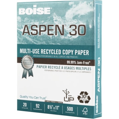 Aspen - Papier recyclé 054901-P - 92 Luminosité - format lettre - 8 1/2 po (215,90 mm) x 11 po (279,40 mm) - 20 lb (9071,85 g) Poids de Base - Lisse - Sans bourrage, Sans acide - Blanc - 5000 / Carton RECYCLÉ 30% POST-CONSOM. 20LB BRILLANCE 92  500/PQT  3 TROUS
