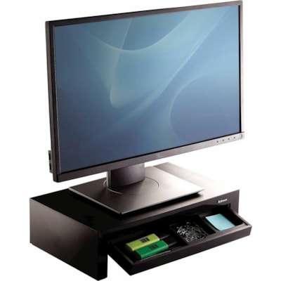 Fellowes Designer Suites Monitor Riser - Up to 21" (533.40 mm) Screen Support - 40 lb (18143.69 g) Load Capacity - 4.38" (111.25 mm) Height x 16" (406.40 mm) Width x 9.38" (238.25 mm) Depth - Desktop - Black, Pearl  