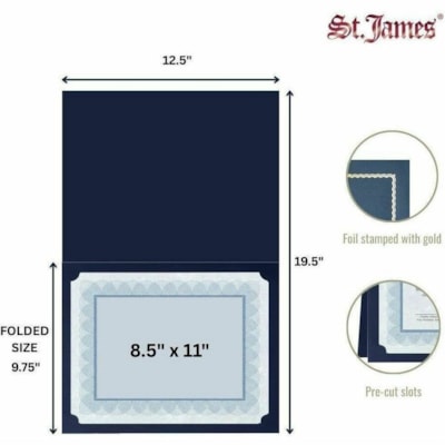 St. James® Classic Linen Certificate Holders with Gold Foil, Navy Blue, Pack of 5, 83434 - 8 1/2" (215.90 mm) x 11" (279.40 mm), 8 1/2" (215.90 mm) x 11" (279.40 mm), 8 17/64" (210 mm) x 11 11/16" (297 mm) - Linen, Cover Stock - Gold Foil, Navy Blue - Acid-free, Lignin-free, Foldable - 5 / Pack  CLASSIC NAVY RECYCLED W/ 30% PCW
