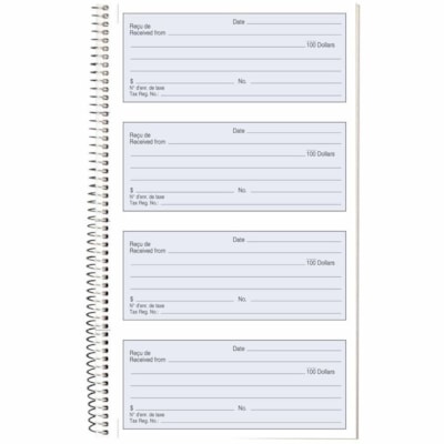 Blueline Receipt Book - 200 Sheet(s) - Spiral Bound - 2 Part - Carbonless Copy - 6 5/8" (16.8 cm) x 10 5/8" (27 cm) Sheet Size - Blue Cover - 1 Each 200 CARBONLESS DUPLICATES 4 PER PAGE  BILINGUAL