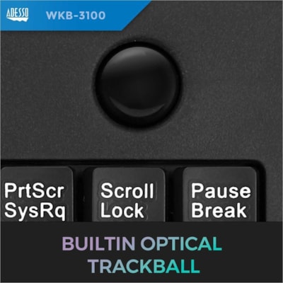 Adesso Wireless Mini Trackball Keyboard - Wireless Connectivity - RF - 30 ft (9144 mm) - 2.40 GHz - USB Interface - 87 Key(s) - Windows Key Hot Key(s) - English (US) - Computer, Monitor, Tablet, Kiosk - Trackball - Windows - Membrane Keyswitch - AA Battery Size Supported - Black  Trackball Keyboard  - Black