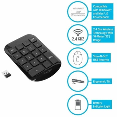 Targus Wireless Numeric Keypad - Wireless Connectivity - 33 ft (10058.40 mm) - 2.40 GHz - USB Interface - Windows, macOS, ChromeOS - PC, Mac - Black  WRLS 